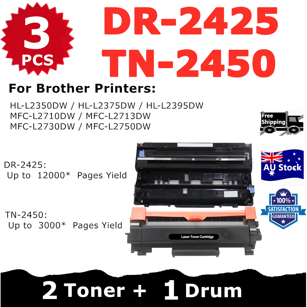 Combo 1* Compatible DR-2425 Drum Unit + 2* Brother Compatible TN-2450 Toner Cartridge