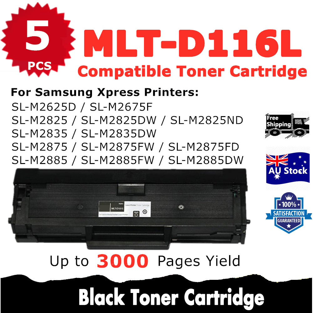 5 Pack InkSales Samsung SLM2825DW SLM2835DW SLM2875FW SLM2885 (D116L MLT-D116L) SU830A Compatible Toner Cartridge  (2BK)