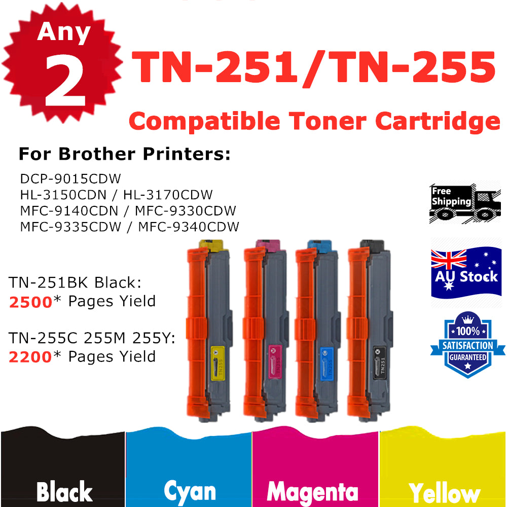 2 Any Generic Toner TN-251 TN-255 For Brother HL3150CDN 3170CDW MFC9330CDW