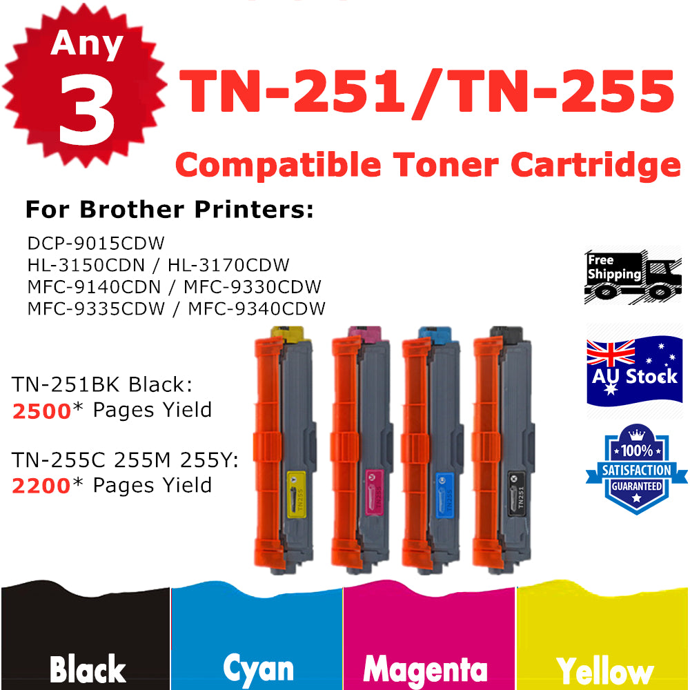 3 Any Generic Toner TN-251 TN-255 For Brother HL3150CDN 3170CDW MFC9330CDW