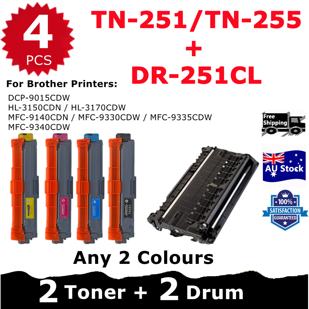 Combo 2* Compatible DR-251CL Drum Unit + 2* Any Brother Compatible TN-251/TN-255 Toner Cartridge