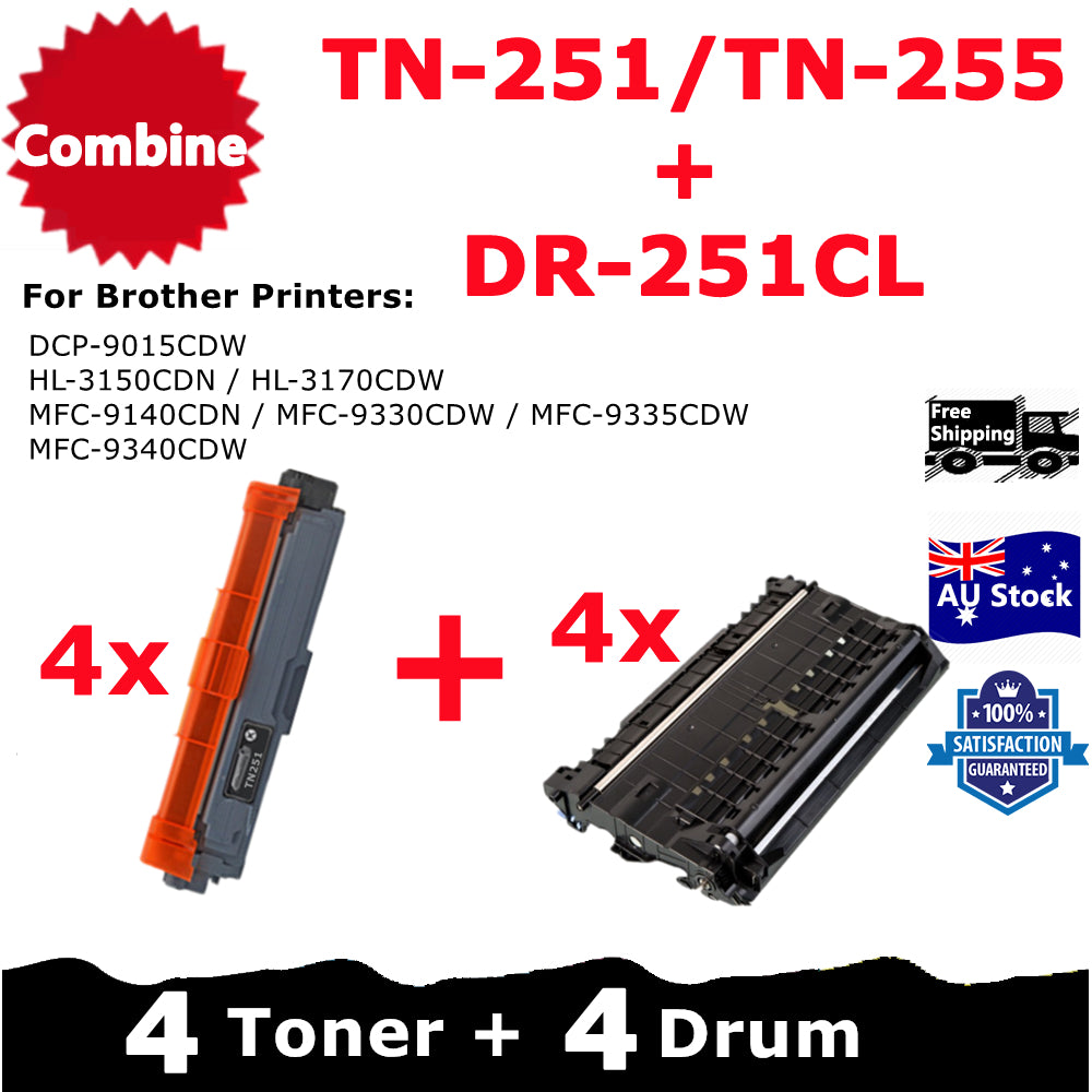 Combo 4* Compatible DR-251CL Drum Unit + 4* Any Brother Compatible TN-251/TN-255 Toner Cartridge