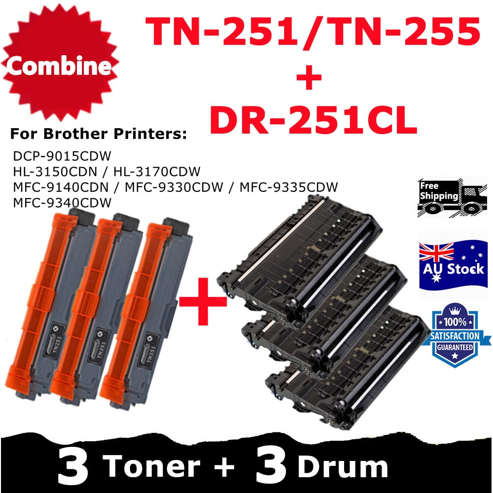 Combo 3* Compatible DR-251CL Drum Unit + 3* Any Brother Compatible TN-251/TN-255 Toner Cartridge