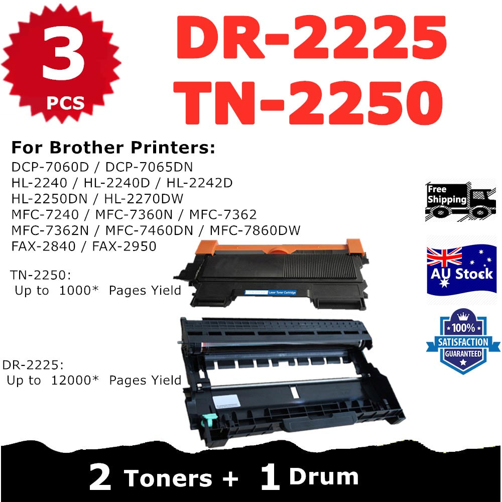 Combo 1* Compatible DR-2225 Drum Unit + 2* Brother Compatible TN-2250 Toner Cartridge