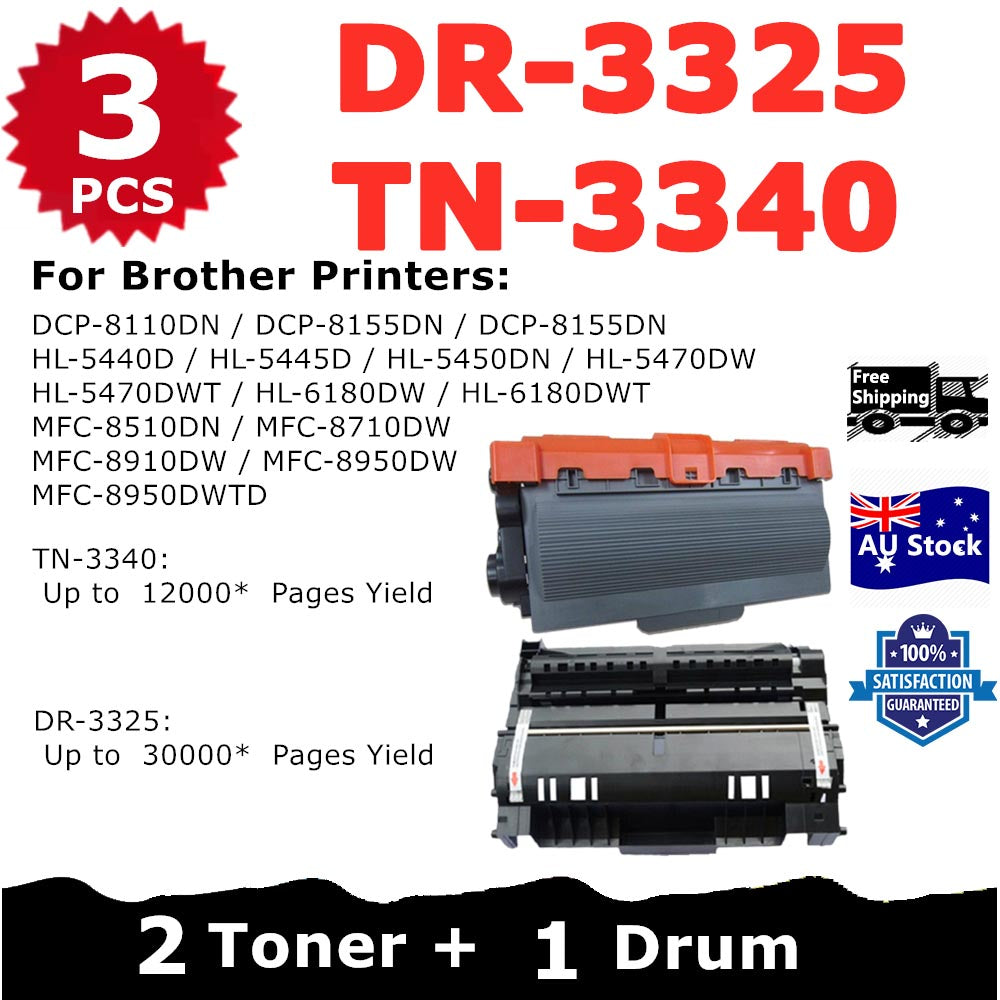 Combo 1* Compatible DR-3325 Drum Unit + 2* Brother Compatible TN-3340 Toner Cartridge