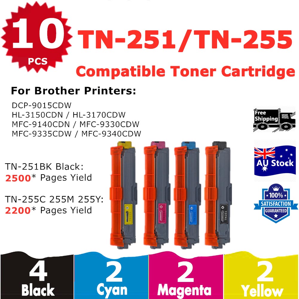 10 Pack InkSales Brother TN251 TN255 TN-251 TN-255 Compatible Toner Cartridge  (4BK,2C,2M,2Y)