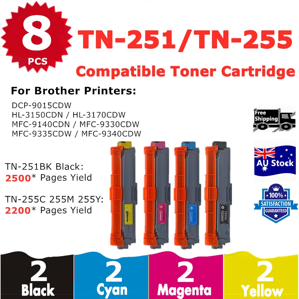 8 Pack InkSales Brother TN251 TN255 TN-251 TN-255 Compatible Toner Cartridge  (2BK,2C,2M,2Y)