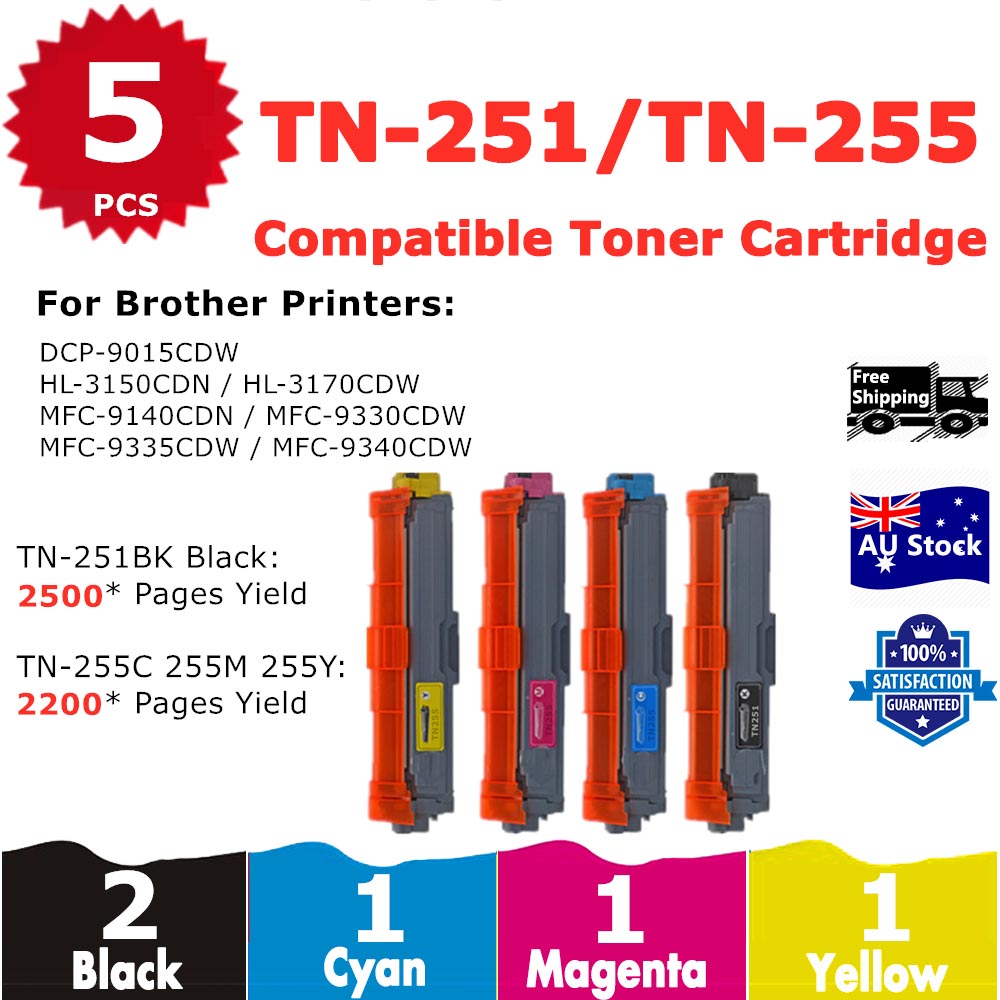 5 Pack InkSales Brother TN251 TN255 TN-251 TN-255 Compatible Toner Cartridge  (2BK,1C,1M,1Y)