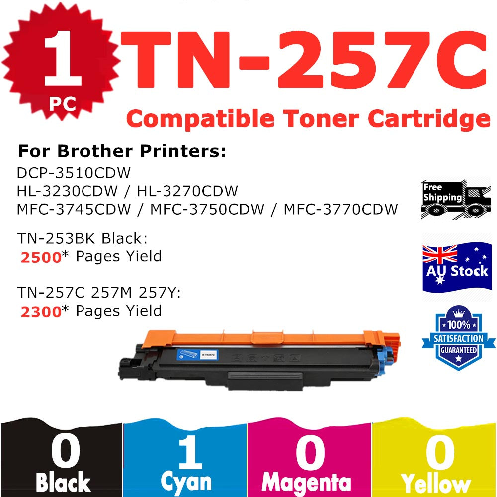 1 Pack InkSales Brother TN253 TN257 TN-253 TN-257  TN-257C Cyan Only Compatible Toner Cartridge   (1C)