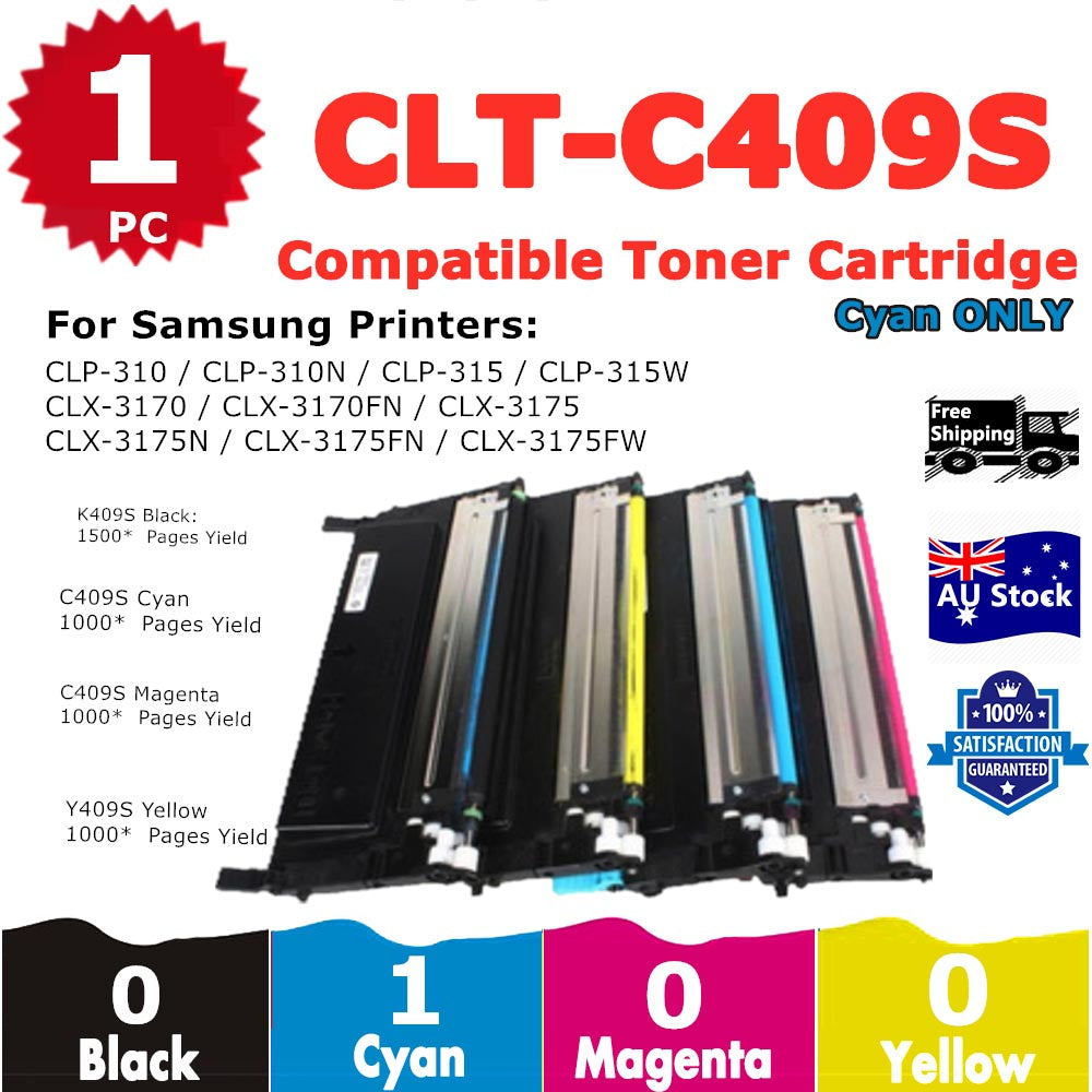 1 Pack InkSales Samsung CLP-310 CLP-315 CLX-3170 CLX-3175 CLT409S Cyan Only Compatible Toner Cartridge (CLT-C409S C409 SU007A)  (1C)