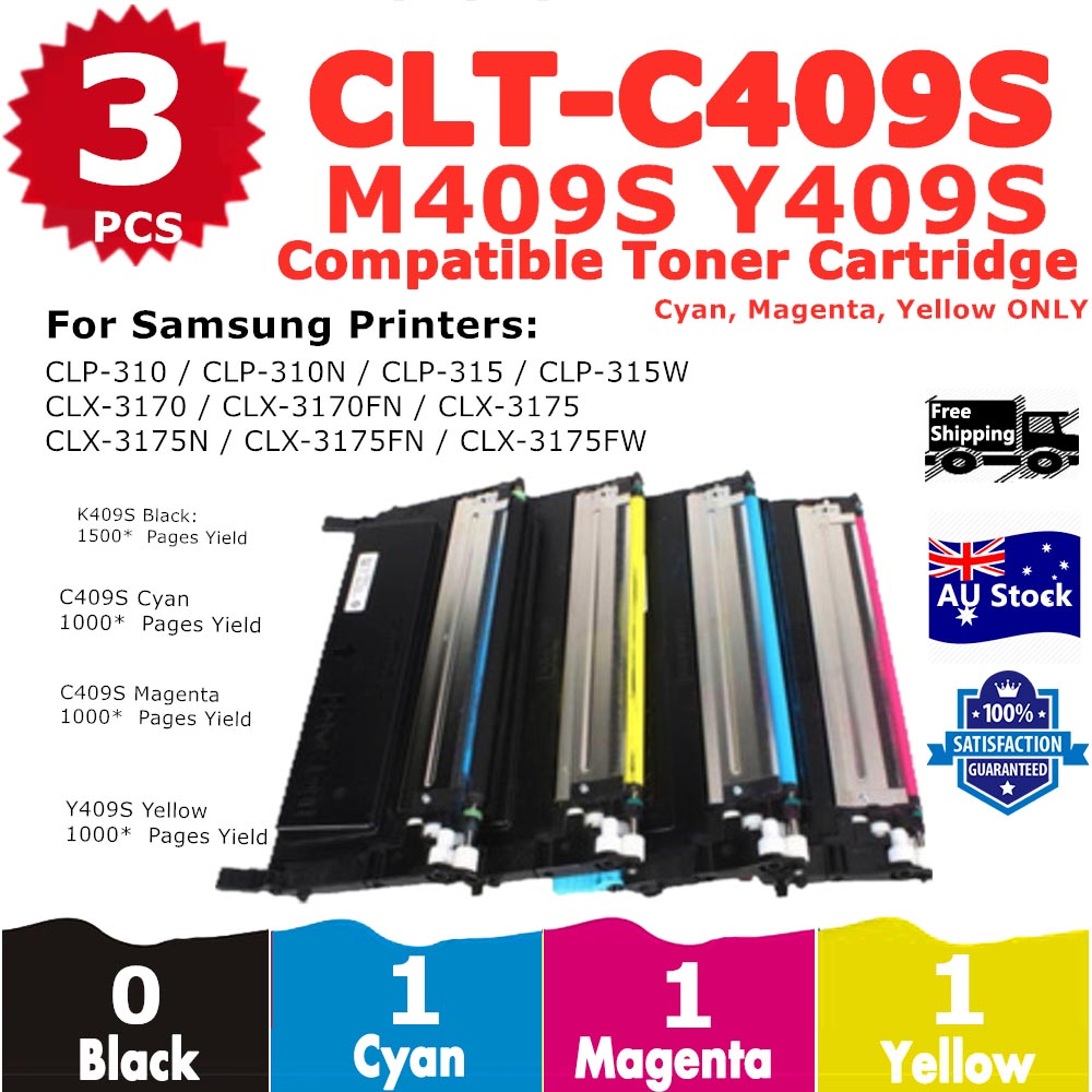 3 Pack InkSales Samsung CLP-310 CLP-315 CLX-3170 CLX-3175 CLT409S Cyan Magenta Yellow Only Compatible Toner Cartridge  (CLT-C409S C409 SU007A) (CLT-M409S M409 SU274A) (CLT-Y409S Y409 SU484A)  (1C, 1M, 1Y)