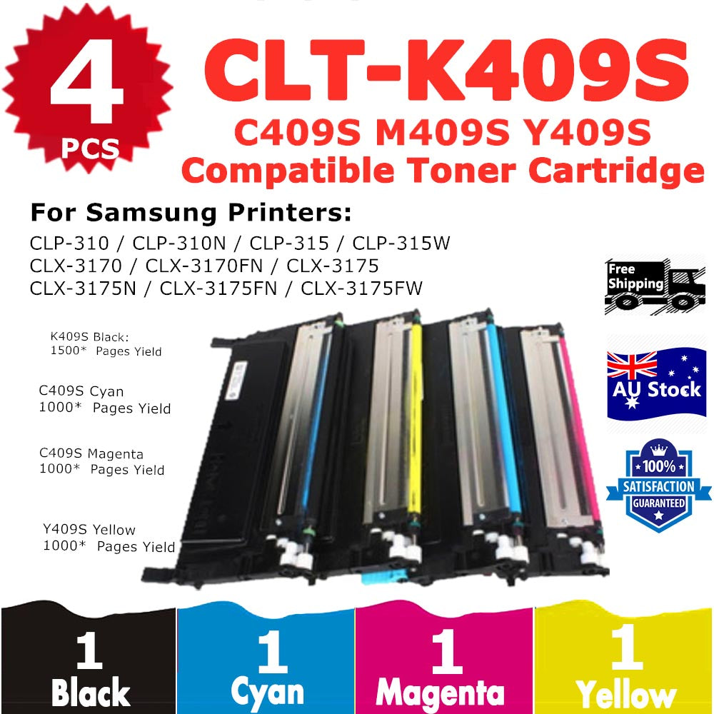 4 Pack InkSales Samsung CLP-310 CLP-315 CLX-3170 CLX-3175 CLT409S Compatible Toner Cartridge (CLT-K409S K409 SU140A) (CLT-C409S C409 SU007A) (CLT-M409S M409 SU274A) (CLT-Y409S Y409 SU484A)  (1BK, 1C, 1M, 1Y)