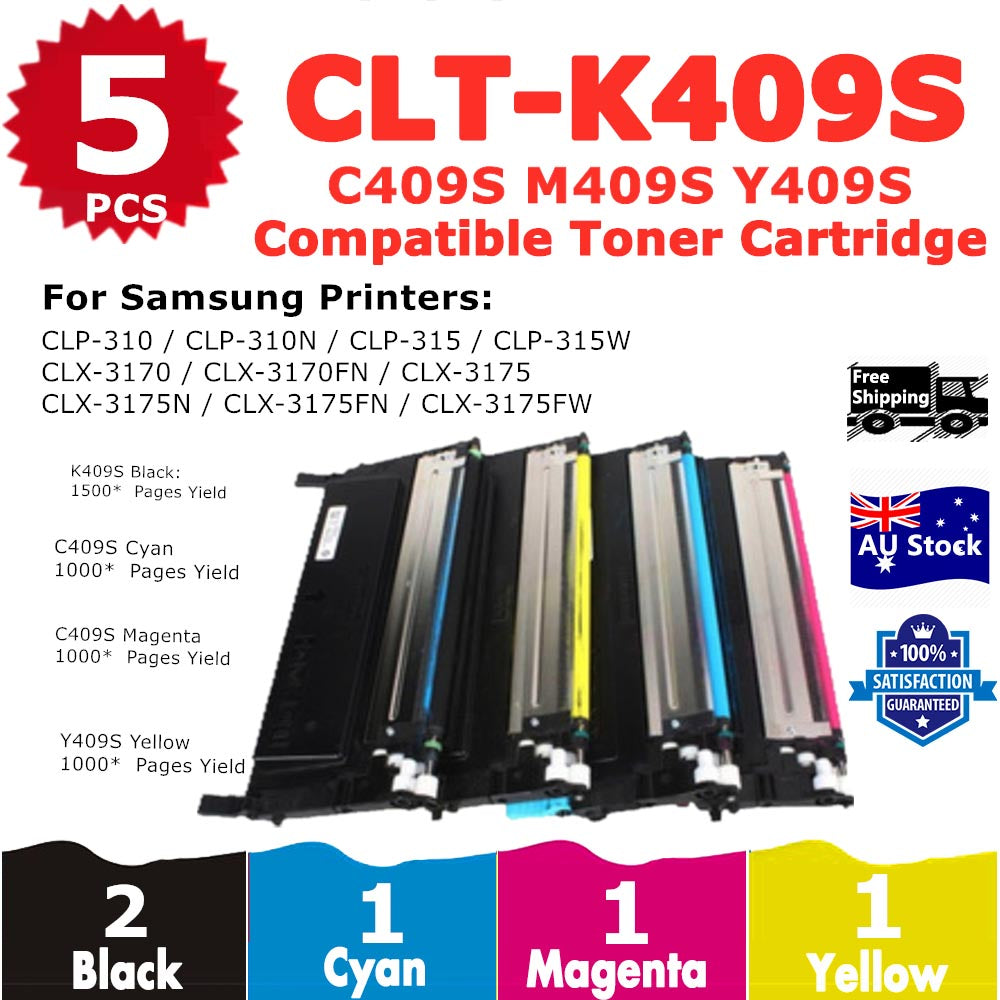 5 Pack InkSales Samsung CLP-310 CLP-315 CLX-3170 CLX-3175 CLT409S Compatible Toner Cartridge (CLT-K409S K409 SU140A) (CLT-C409S C409 SU007A) (CLT-M409S M409 SU274A) (CLT-Y409S Y409 SU484A)  (2BK, 1C, 1M, 1Y)