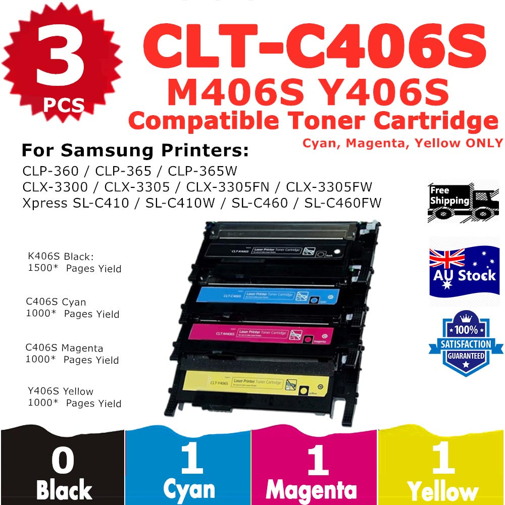 3 Pack InkSales Samsung CLP-360 CLP-365 CLX-3300 CLX-3305 CLT406S Compatible Toner Cartridge  (CLT-C406S C406 ST986A) (CLT-M406S M406 SU254A) (CLT-Y406S Y406 SU464A)  (1C, 1M, 1Y)