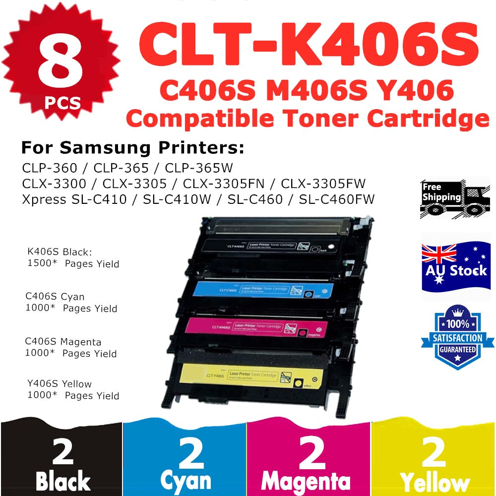 8 Pack InkSales Samsung CLP-360 CLP-365 CLX-3300 CLX-3305 CLT406S Compatible Toner Cartridge (CLT-K406S K406 SU120A) (CLT-C406S C406 ST986A) (CLT-M406S M406 SU254A) (CLT-Y406S Y406 SU464A)  (2BK, 2C, 2M, 2Y)