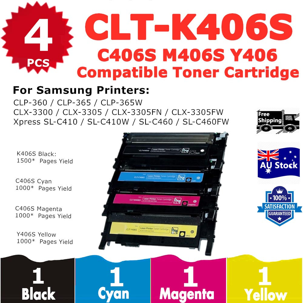 4 Pack InkSales Samsung CLP-360 CLP-365 CLX-3300 CLX-3305 CLT406S Compatible Toner Cartridge (CLT-K406S K406 SU120A) (CLT-C406S C406 ST986A) (CLT-M406S M406 SU254A) (CLT-Y406S Y406 SU464A)  (1BK, 1C, 1M, 1Y)