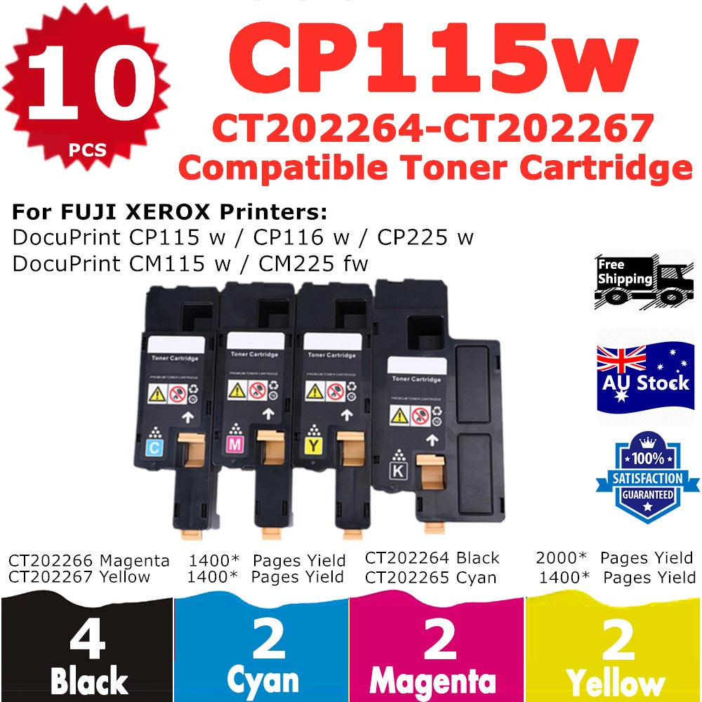 10 Pack InkSales Xerox CP115 CP116 CP225 CM115 CM225 CT202264 CT202265 CT202266 CT202267 Compatible Toner Cartridge  (4BK, 2C, 2M, 2Y)